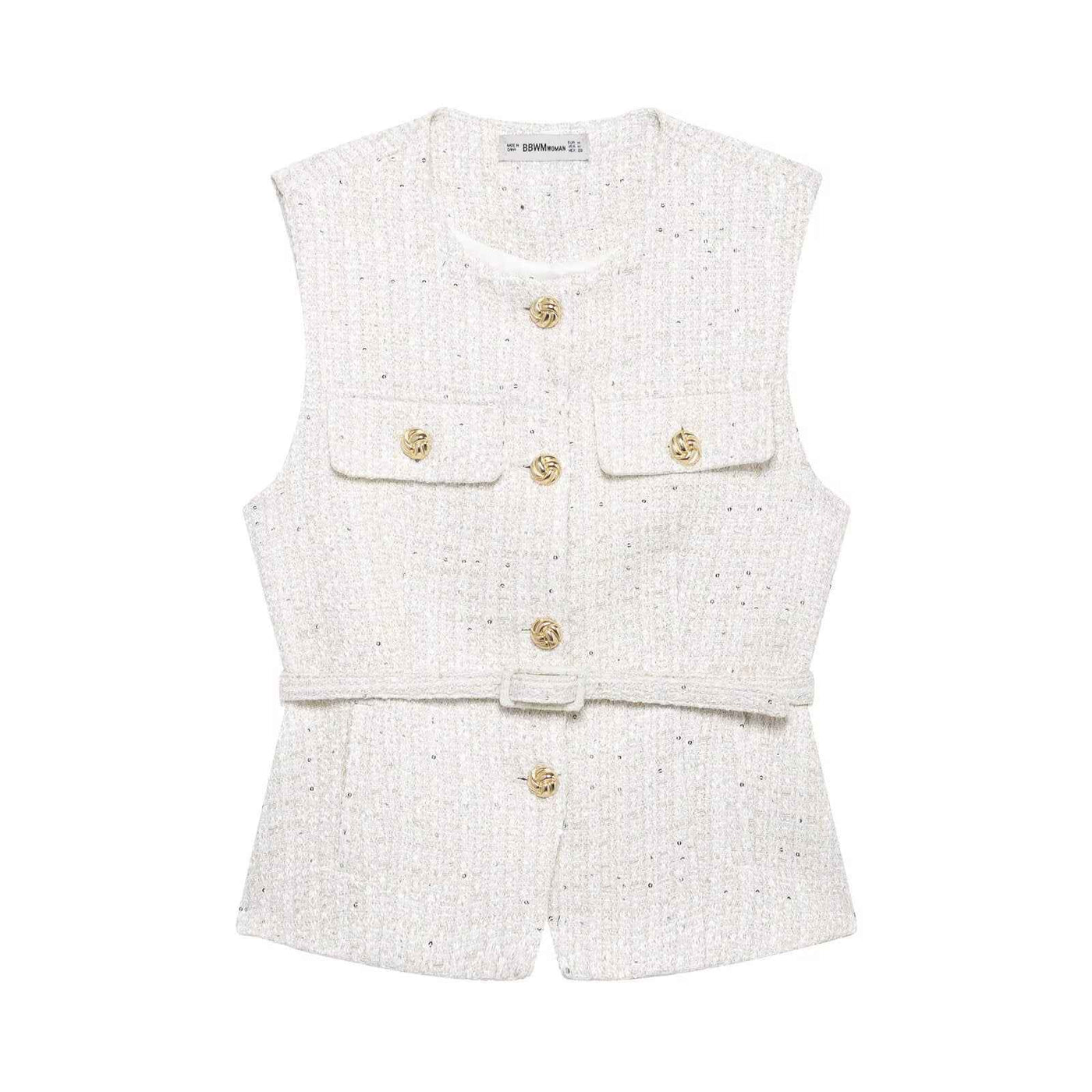 Gia | Elegant Tweed Sleeveless Blazer Black Belted Button Front