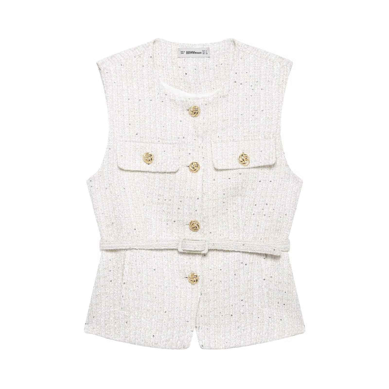 Gia | Elegant Tweed Sleeveless Blazer Black Belted Button Front