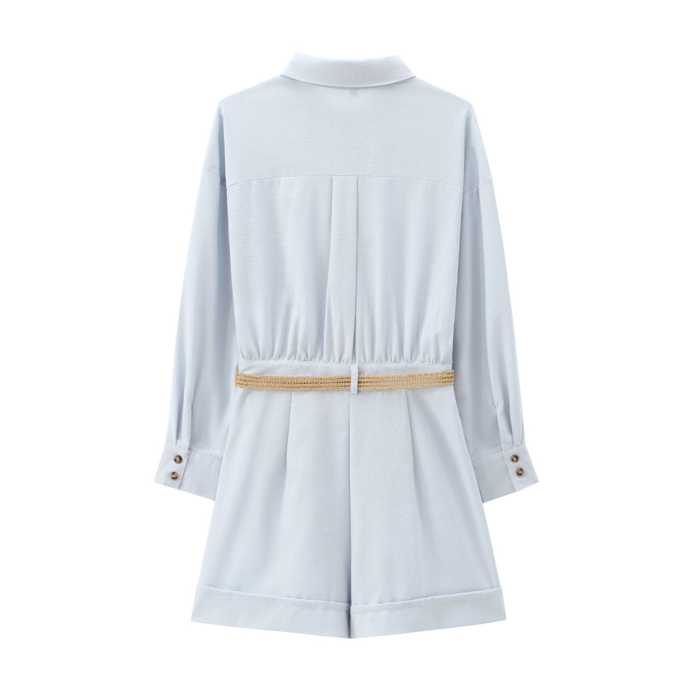Niamh | Long Sleeve Belted Shirt Romper in Light Blue