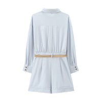 Niamh | Long Sleeve Belted Shirt Romper in Light Blue