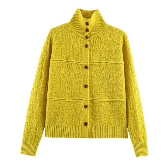 Maren | Autumn Knitted Cardigan Green Long Sleeve Button Front High Neck