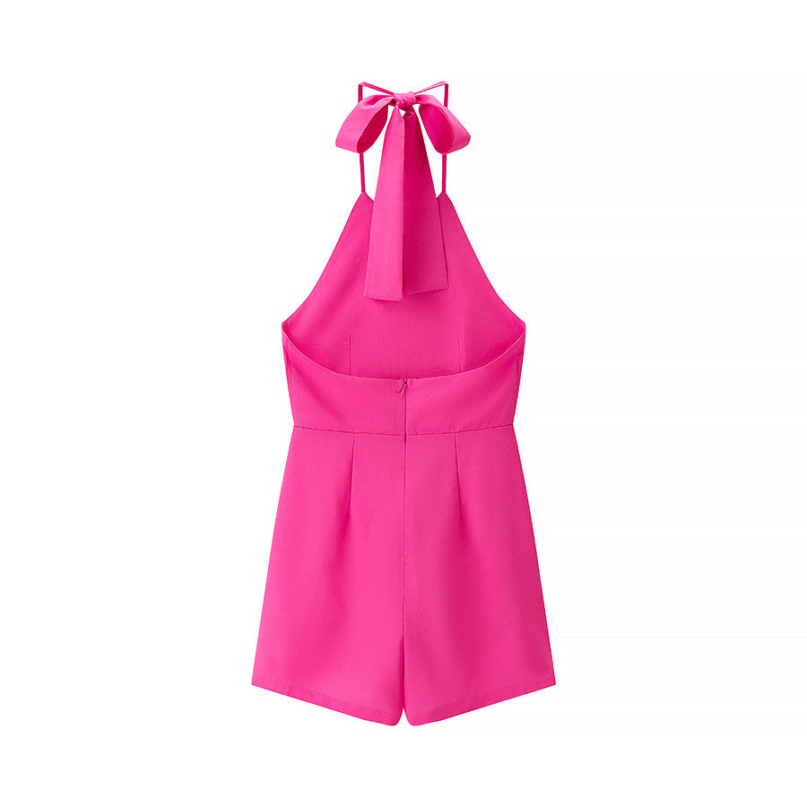 Rose | Halter Neck Pleated Shorts Romper in Pink