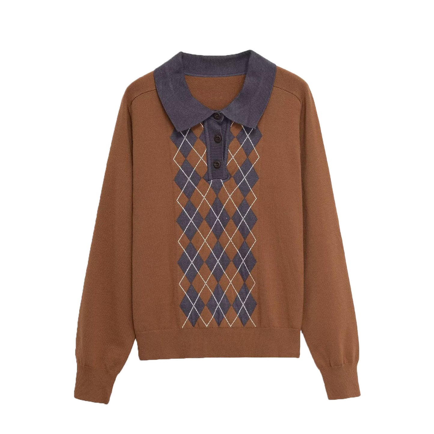 Chloe | Brown Classic Argyle Knit Long Sleeve Polo Jumper