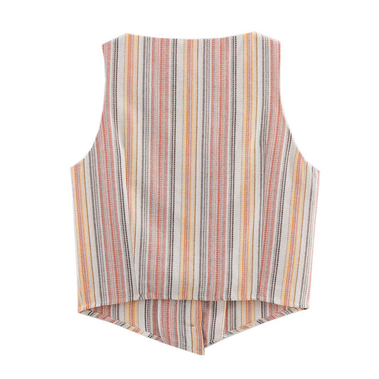 Sia | Summer Striped Linen Vest Top Cream Sleeveless Button Front