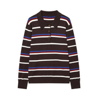 Iris | Striped Long Sleeve Polo Knit Top in Yellow & Dark Brown