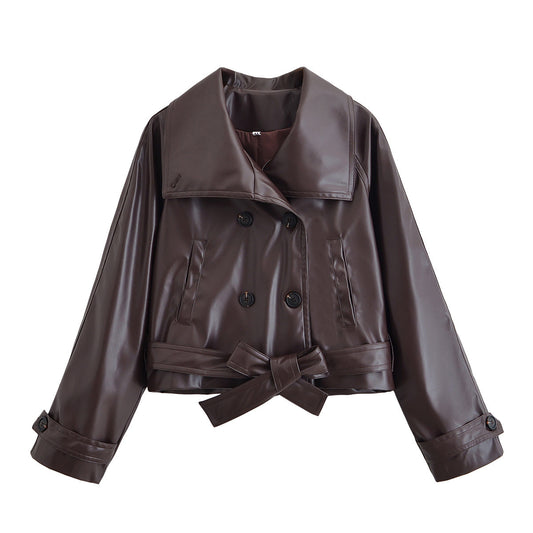 Nola | Cropped Leather Jacket Brown Double Breasted Belted