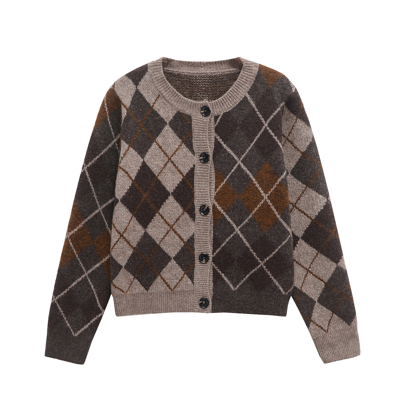 Ivy | Argyle Pattern Crew Neck Button Front Ribbed Trim Cropped Knit Cardigan