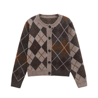 Ivy | Argyle Pattern Crew Neck Button Front Ribbed Trim Cropped Knit Cardigan