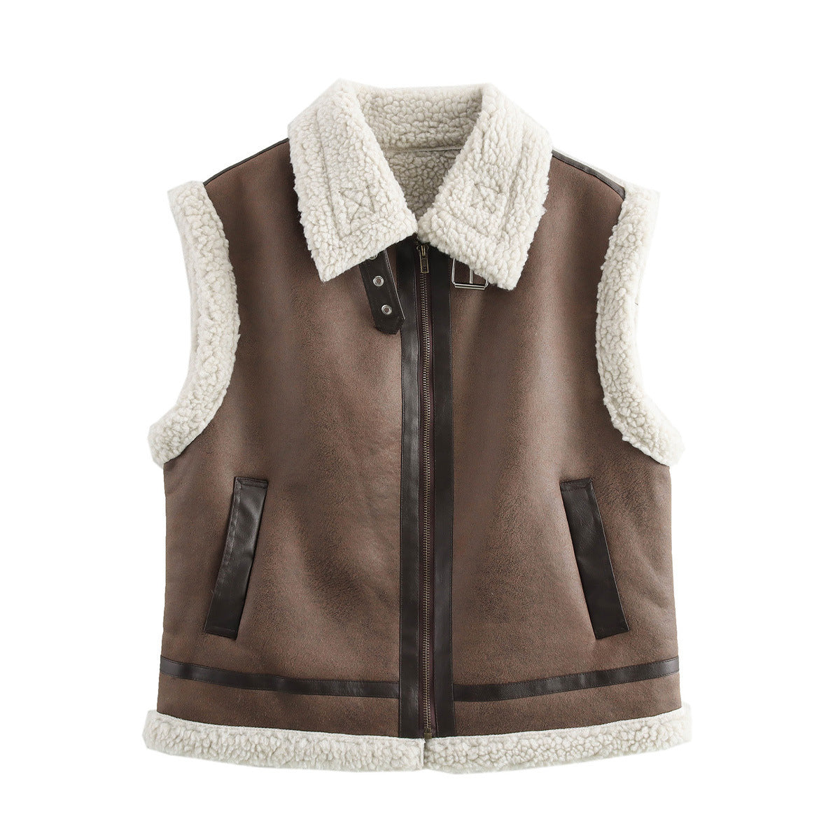 Vera | Faux Leather Sherpa Vest Brown Cream Sleeveless Zip Up