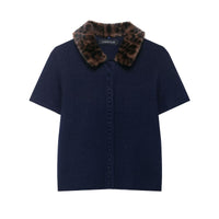 Iris | Faux Fur Collar Button Front Short Sleeve Cropped Cardigan