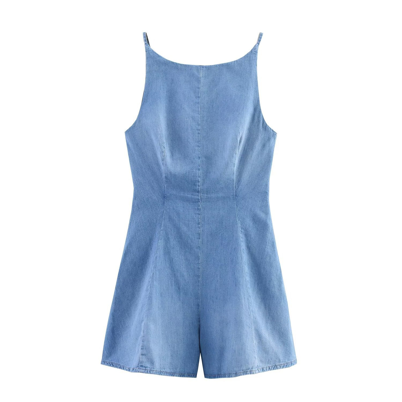 Allegra | Square Neck Spaghetti Strap Princess Seam Fitted Light Wash Denim Romper