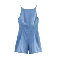 Allegra | Square Neck Spaghetti Strap Princess Seam Fitted Light Wash Denim Romper