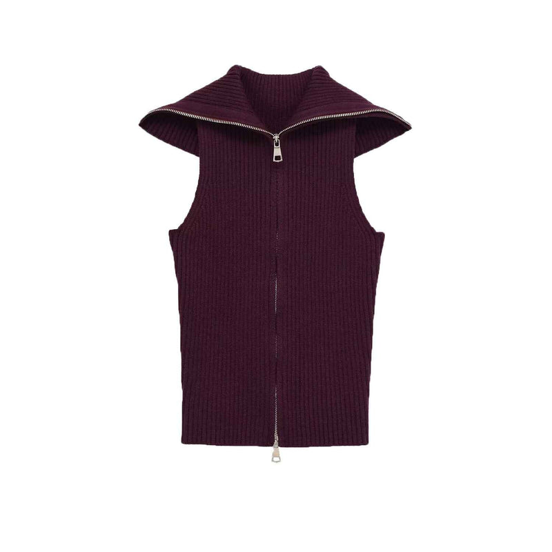 Uma | Knitted Zip Up Vest Top Purple Sleeveless Ribbed Collared