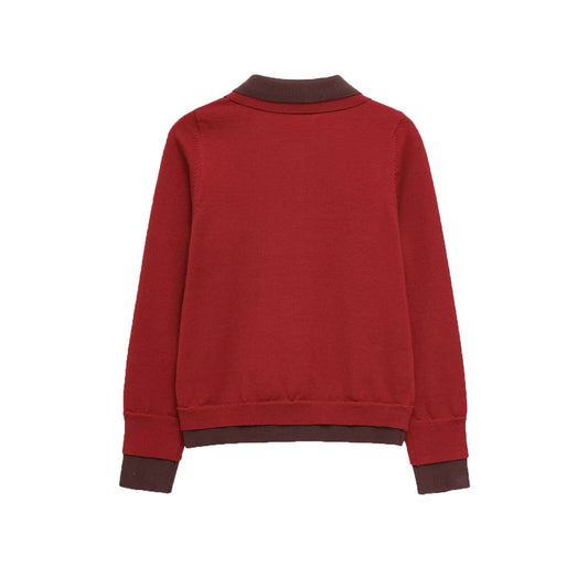 Hazel | Red Knit Long Sleeve Polo Jumper with Contrast Collar