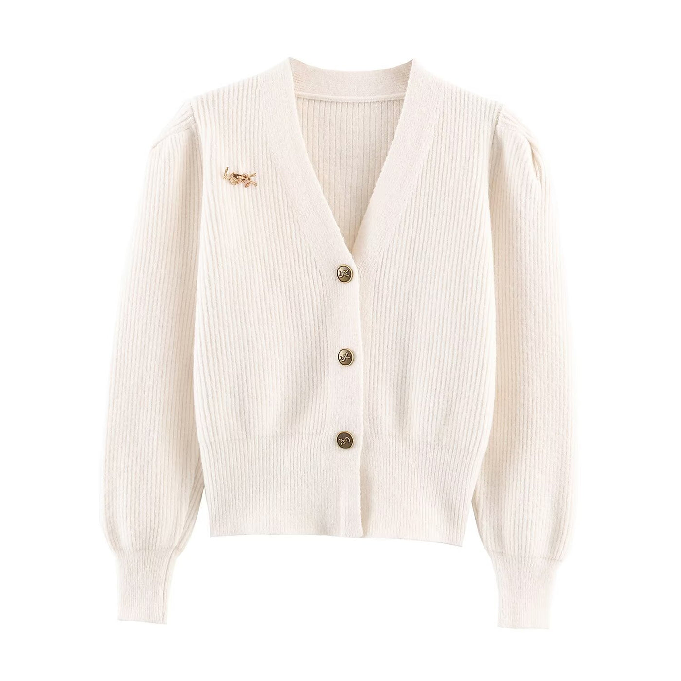 Grace | V-Neck Button-Front Puffed Shoulder Ribbed Knit Cropped Cardigan