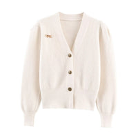 Grace | V-Neck Button-Front Puffed Shoulder Ribbed Knit Cropped Cardigan