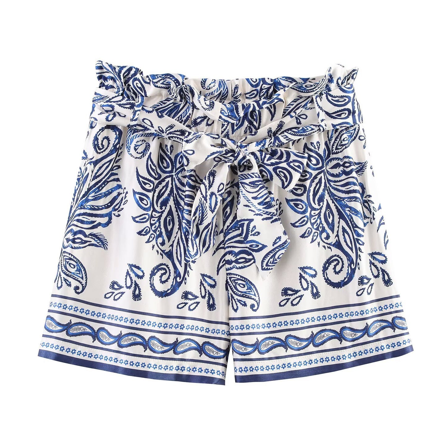 Riva | Summer Printed Shorts White Blue High Waisted