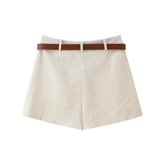 Ines | Summer Linen Shorts Tailored Cream Striped High Waisted