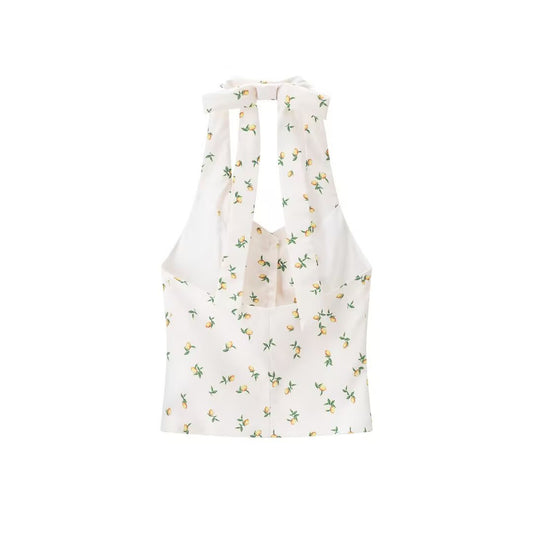 Viola | Summer Halter Neck Top White Floral Print Fitted V Neck