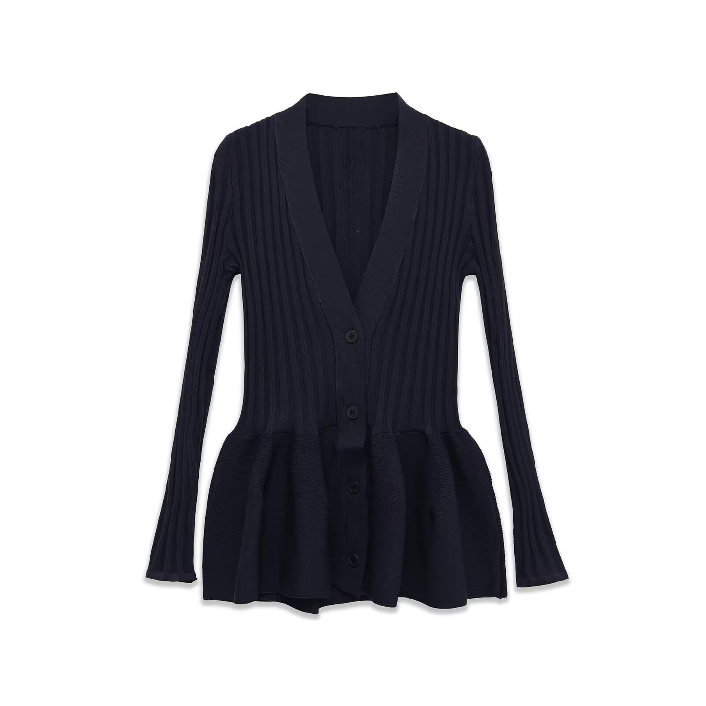 Ember | Elegant Peplum Blouse Navy Ribbed Knit Long Sleeve V Neck