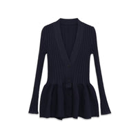 Charlotte | Deep V-Neck Button-Front Peplum Ribbed Knit Top