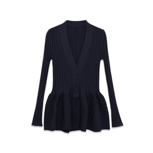 Ember | Elegant Peplum Blouse Navy Ribbed Knit Long Sleeve V Neck