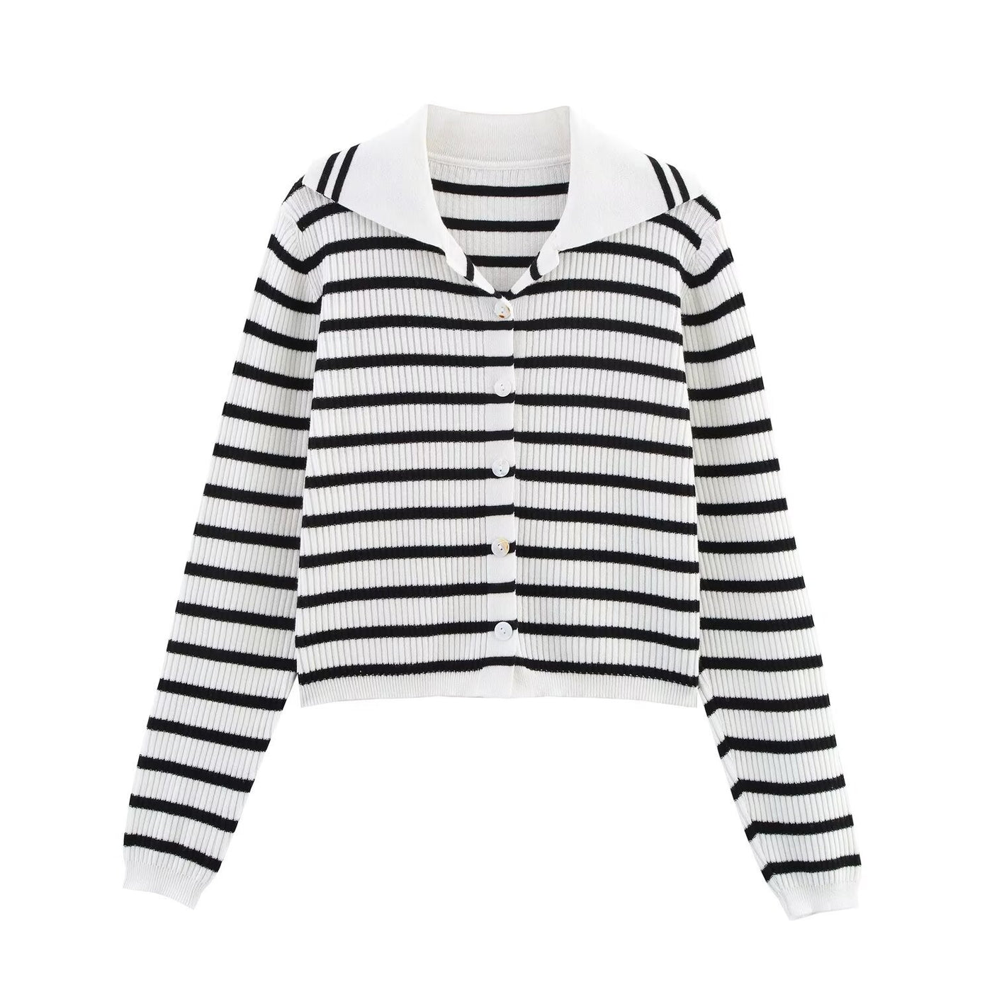 Aria | Polo Collar Striped Trim Button Front Ribbed Cropped Cardigan