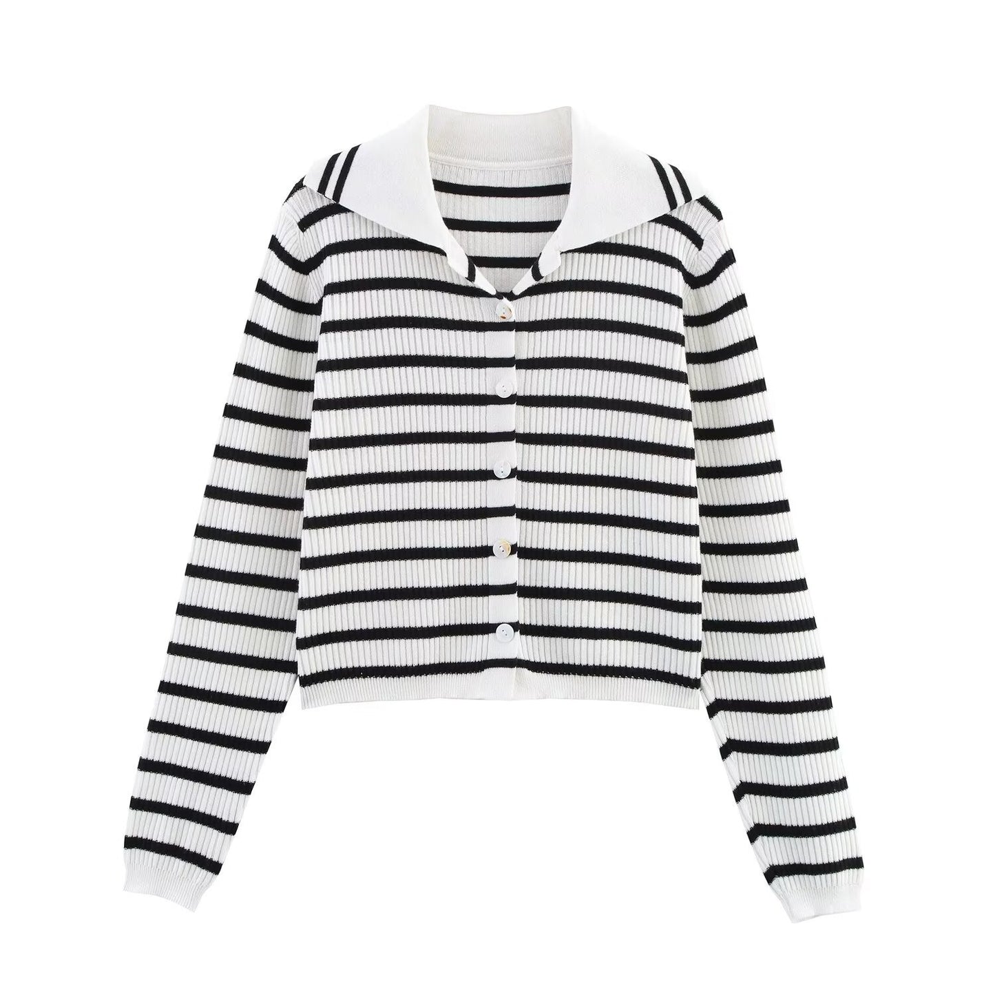 Edie | Spring Casual Knitted Top Yellow Long Sleeve Cardigan Striped Collar