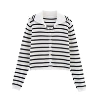 Aria | Polo Collar Striped Trim Button Front Ribbed Cropped Cardigan