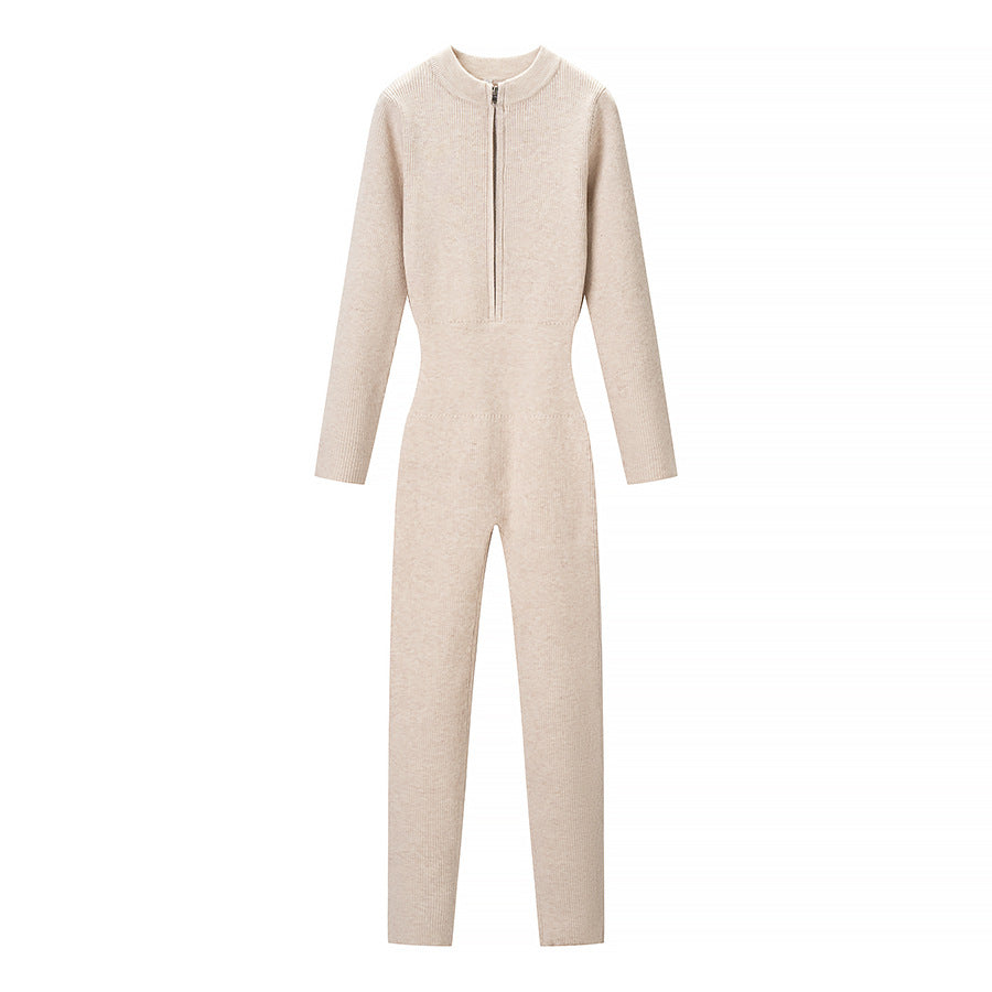 Mabel | Ribbed Knit Long Sleeve Bodycon Jumpsuit in Beige & Black