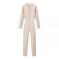 Mabel | Ribbed Knit Long Sleeve Bodycon Jumpsuit in Beige & Black