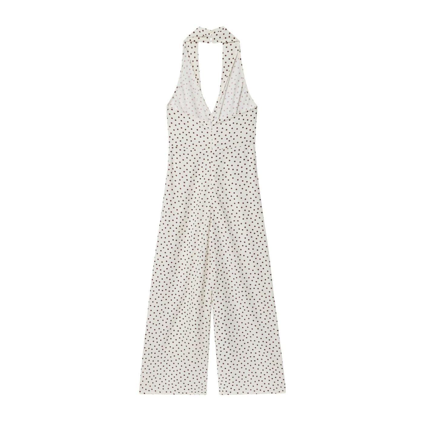 Alicia | Deep V Halter Polka Dot Twisted Bust Gold Hardware Wide-Leg Jumpsuit in Cream