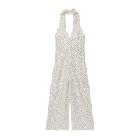 Alicia | Deep V Halter Polka Dot Twisted Bust Gold Hardware Wide-Leg Jumpsuit in Cream