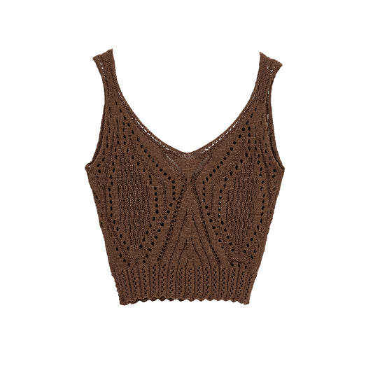 Celine | Crochet Tank Top Brown Knitted V Neck Cropped