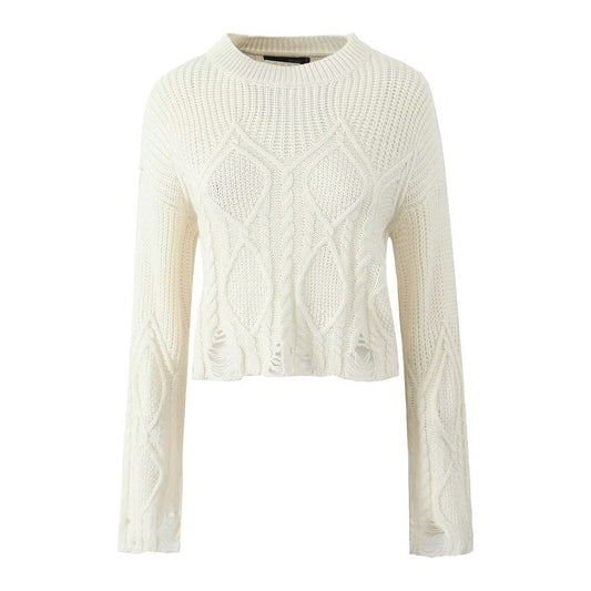 Mira | Casual Distressed Cable Knit Sweater Cream Long Sleeve