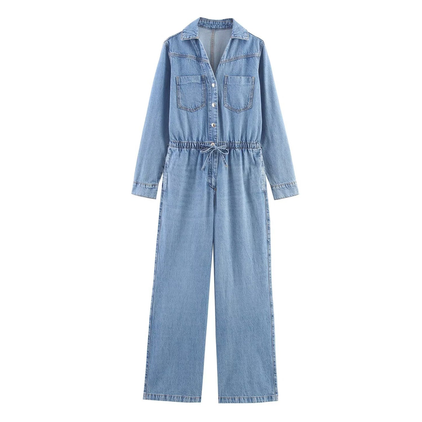 Nea | Casual Light Blue Denim Jumpsuit Long Sleeve Drawstring