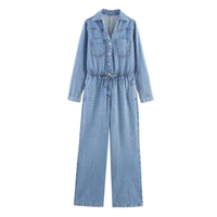 Arabella | Drawstring Waist Collared V-Neck Chest Pocket Wide-Leg Light Wash Denim Jumpsuit