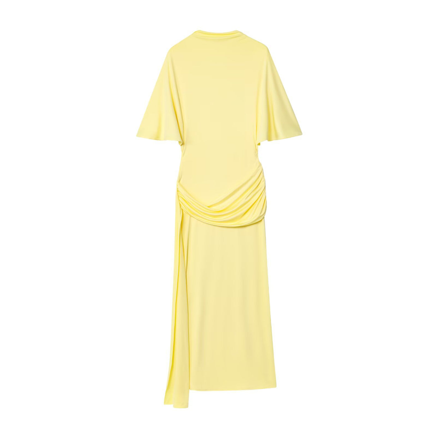 Summer | Asymmetric Ruched Panel Round Neck Flared Sleeve Fitted Midi Dress