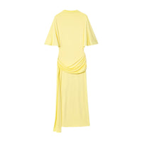 Summer | Asymmetric Ruched Panel Round Neck Flared Sleeve Fitted Midi Dress