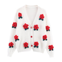 Zara | 3D Rose Appliqué Red Button Soft Knit Cropped Cardigan