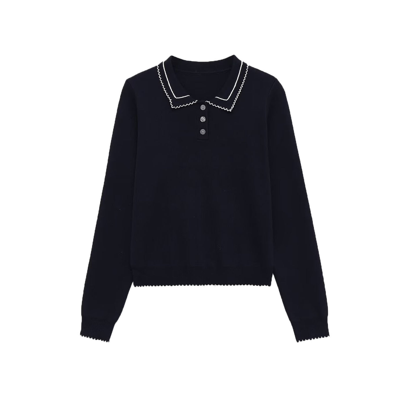 Ava | Scallop Trim Contrast Polo Collar Button Placket Fine Knit Cropped Top