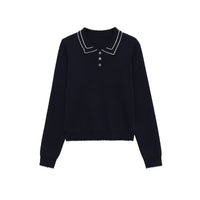 Ava | Scallop Trim Contrast Polo Collar Button Placket Fine Knit Cropped Top
