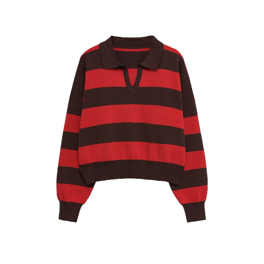 Phoebe | Red Cosy Striped Knit Polo Jumper