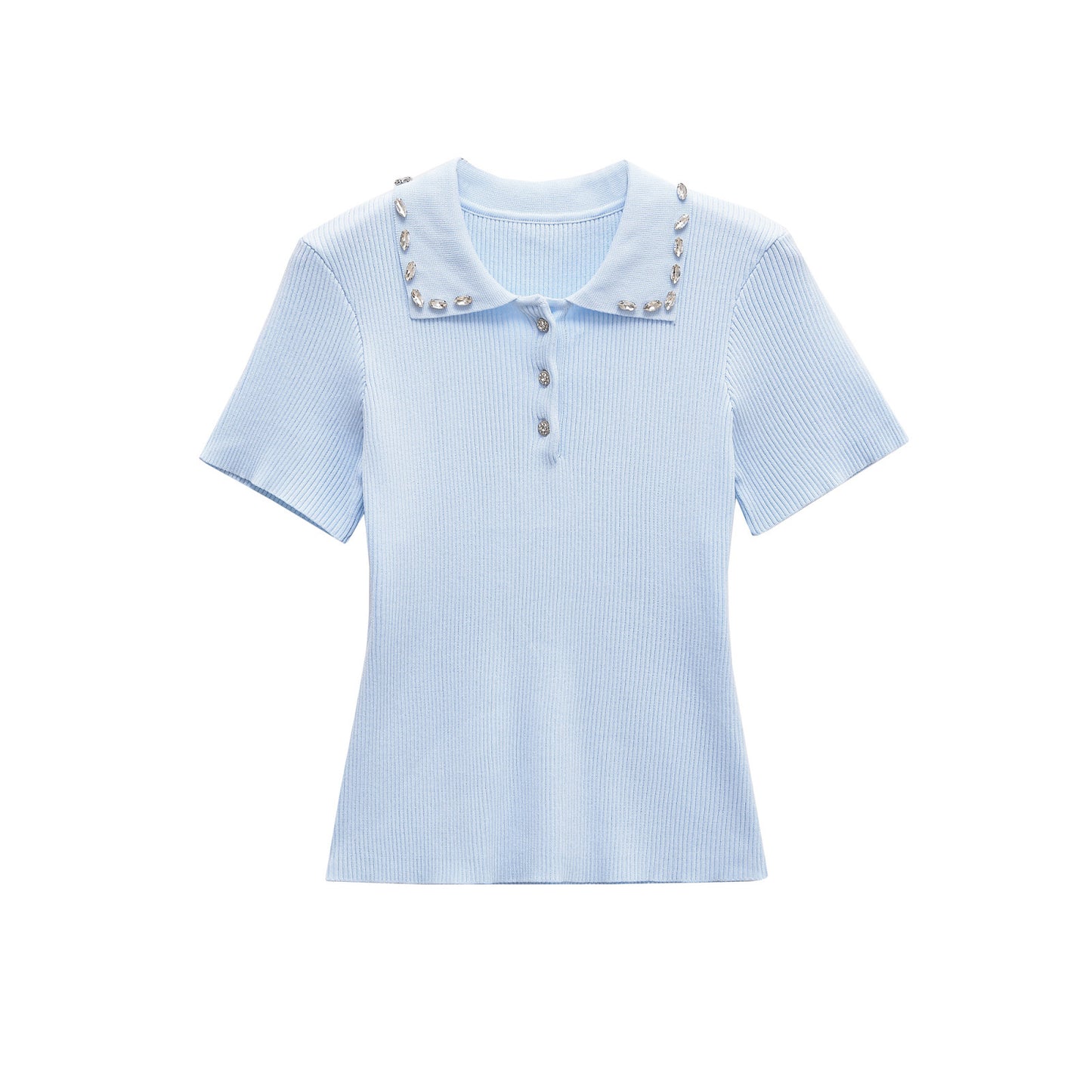 Olivia | Elegant Ribbed Knit Rhinestone Collar Polo Top
