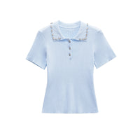 Hannah | Jewel Button Ribbed Knit Polo Top
