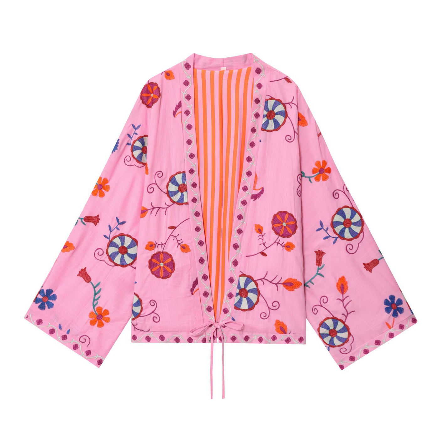Elsie | Floral Motif Wide Sleeve Open Front Contrast Stripe Lining Cotton Kimono