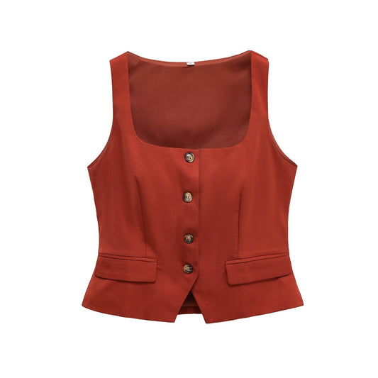 Elise | Summer Square Neck Top Orange Sleeveless Button Front