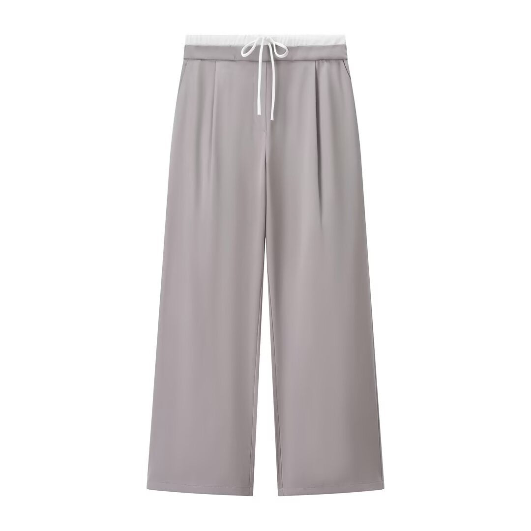 Rosie | Drawstring Pleat-Front Jersey Wide-Leg Trousers with Contrast Waistband