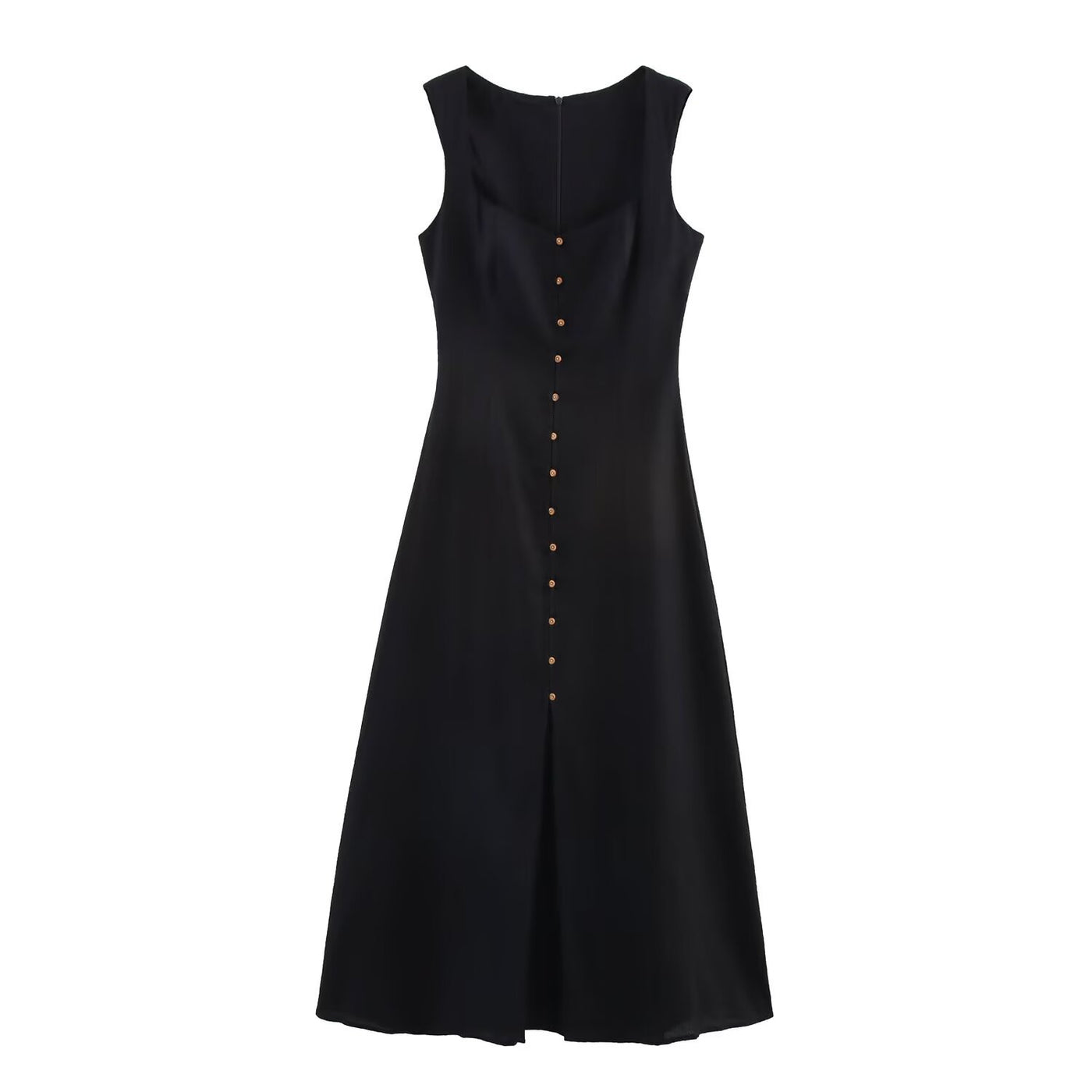 Paige | Square Neck Wide Strap Gold Button Front Split Linen Midi Dress