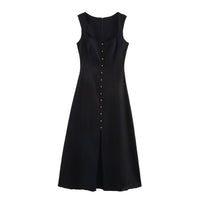 Paige | Square Neck Wide Strap Gold Button Front Split Linen Midi Dress